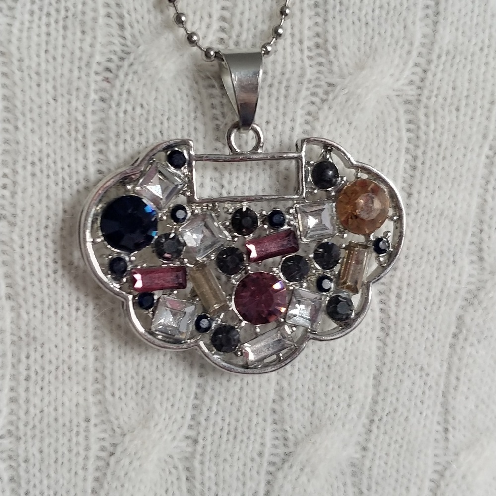 Silvertone Multi Color Pendant & Chain Necklace